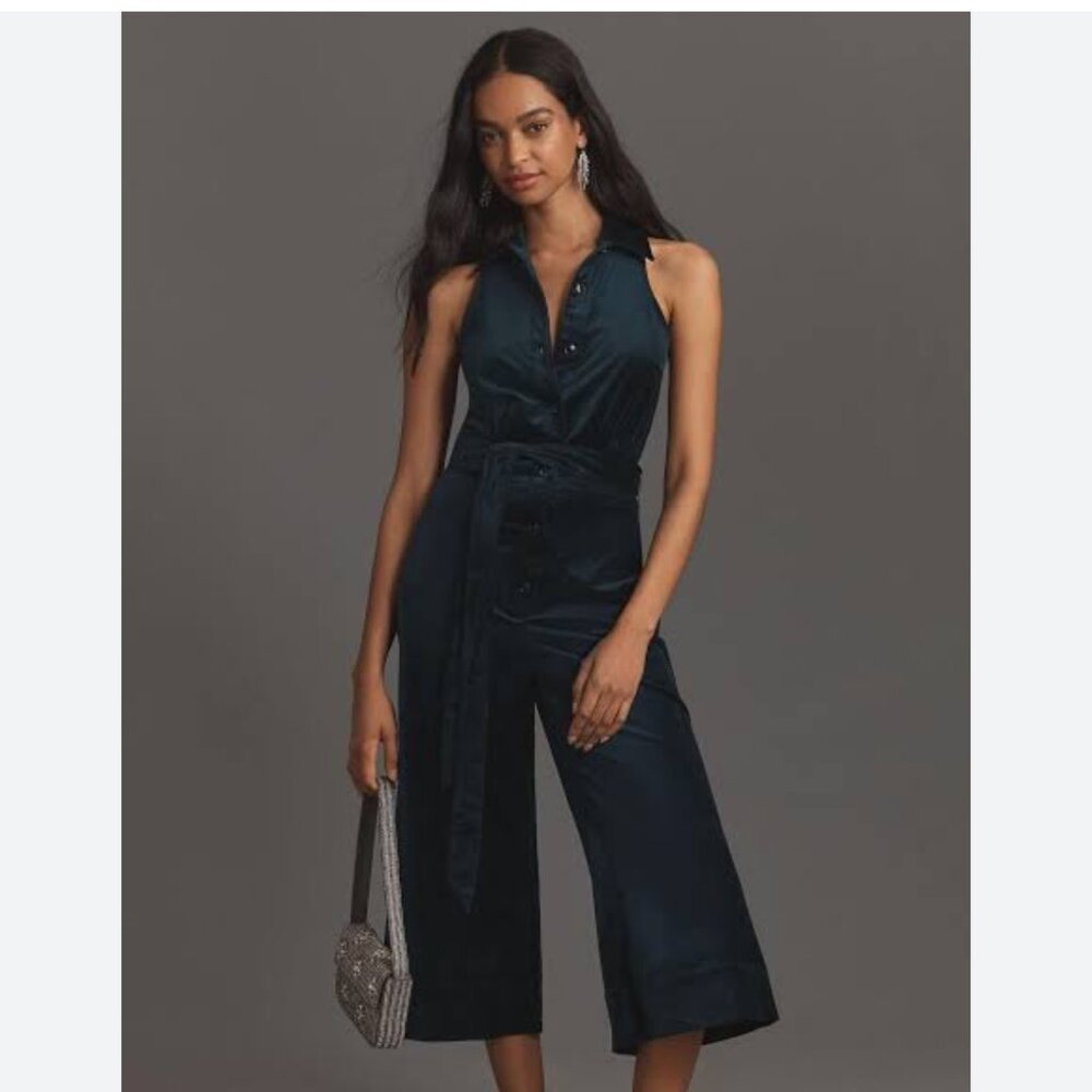 Anthropologie Maeve‎ Velvet Turquoise Halter Crop Jumpsuit Size 8 NWT